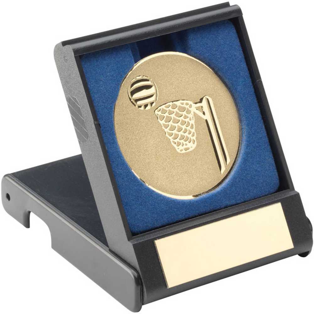 BLACK PLASTIC BOX WITH NETBALL INSERT TROPHY GOLD - 3.5in - Optimum Teamwear