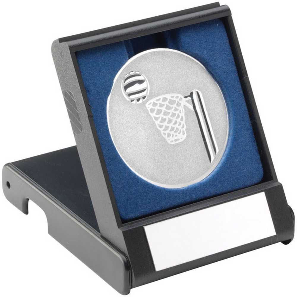 BLACK PLASTIC BOX WITH NETBALL INSERT TROPHY SILVER - 3.5in - Optimum Teamwear
