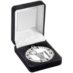 BLACK VELVET MEDAL BOX AND 50mm MEDAL NETBALL TROPHY SILVER - 3.5in - Optimum Teamwear
