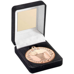 BLACK VELVET MEDAL BOX AND 50mm MEDAL NETBALL TROPHY BRONZE - 3.5in - Optimum Teamwear