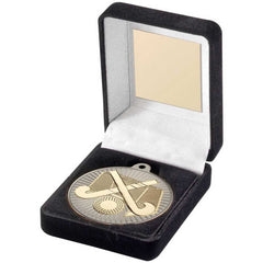 BLACK VELVET BOX AND 50mm HOCKEY MEDAL TROPHY MATT SILVER/GOLD - 3.5in - Optimum Teamwear