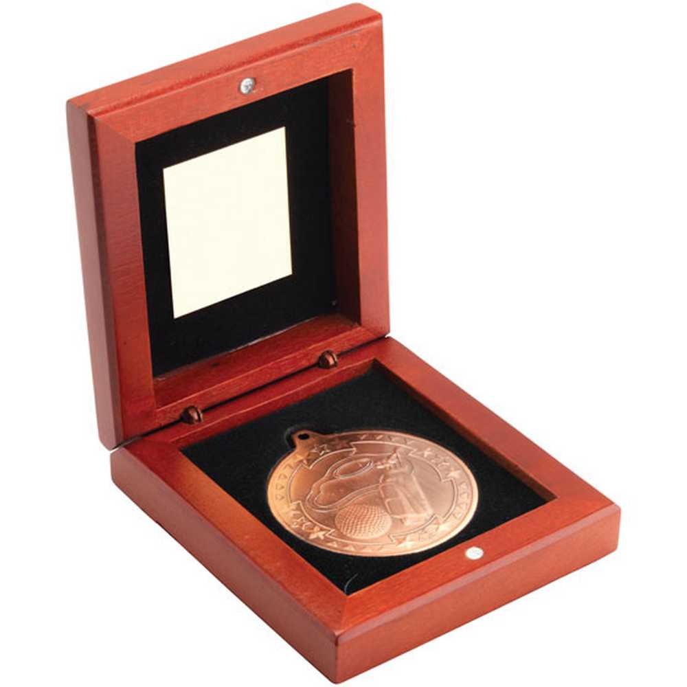 ROSEWOOD BOX AND 50mm MEDAL GOLF TROPHY BRONZE - 3.75in - Optimum Teamwear