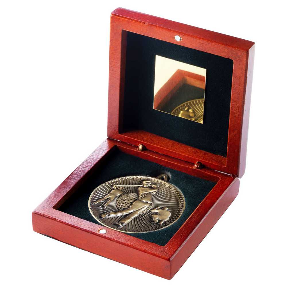 ROSEWOOD BOX AND 60mm MEDAL GOLF TROPHY ANTIQUE GOLD - 4.25in - Optimum Teamwear