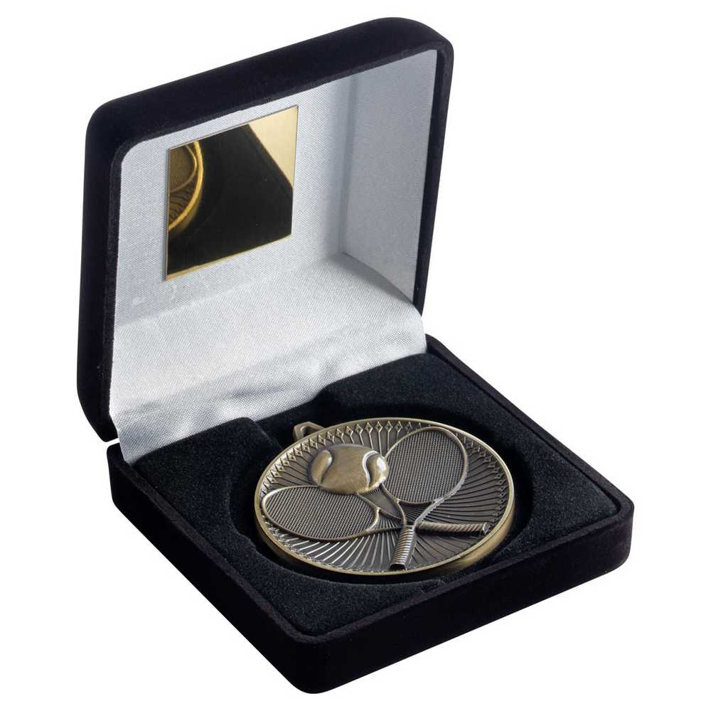 BLACK VELVET BOX AND 60mm MEDAL TENNIS TROPHY ANTIQUE GOLD - 4in - Optimum Teamwear