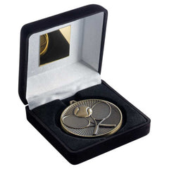 BLACK VELVET BOX AND 60mm MEDAL TENNIS TROPHY ANTIQUE GOLD - 4in - Optimum Teamwear