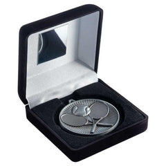 BLACK VELVET BOX AND 60mm MEDAL TENNIS TROPHY ANTIQUE SILVER - 4in - Optimum Teamwear