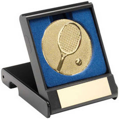 BLACK PLASTIC BOX WITH TENNIS INSERT TROPHY GOLD - 3.5in - Optimum Teamwear