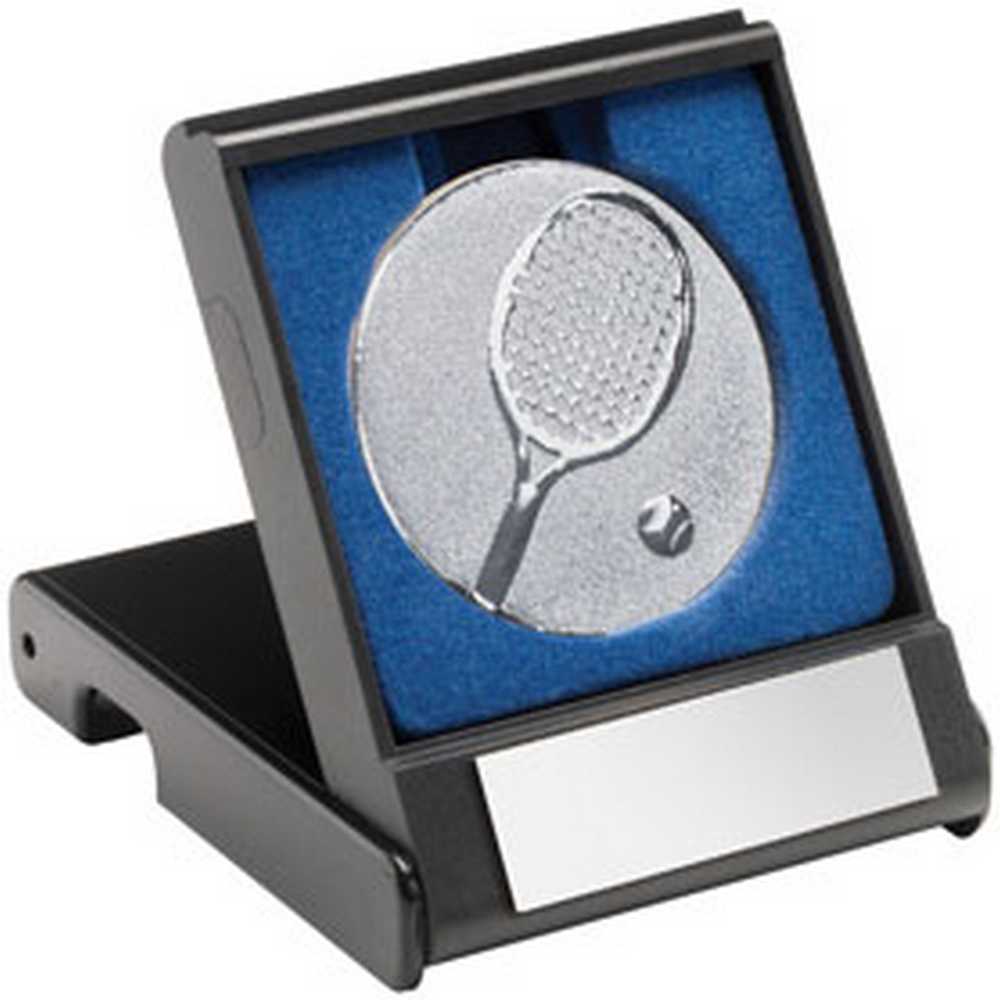BLACK PLASTIC BOX WITH TENNIS INSERT TROPHY SILVER - 3.5in - Optimum Teamwear