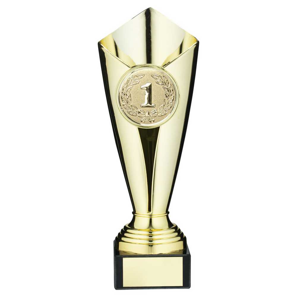 PLASTIC TULIP TROPHY CUP WITH PLATE (2in CENTRE) GOLD - 9.25in - Optimum Teamwear