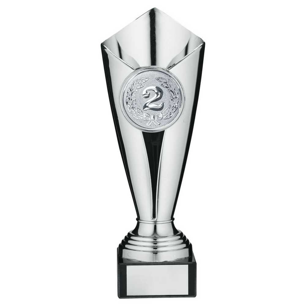 PLASTIC TULIP TROPHY CUP WITH PLATE (2in CENTRE) SILVER - 9.25in - Optimum Teamwear