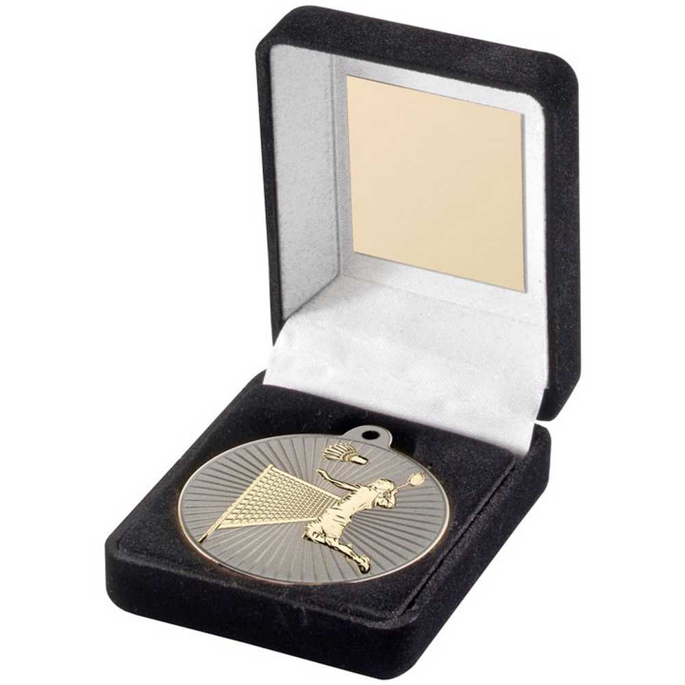 BLACK VELVET BOX AND 50mm BADMINTON MEDAL TROPHY MATT SILVER/GOLD - 3.5in - Optimum Teamwear