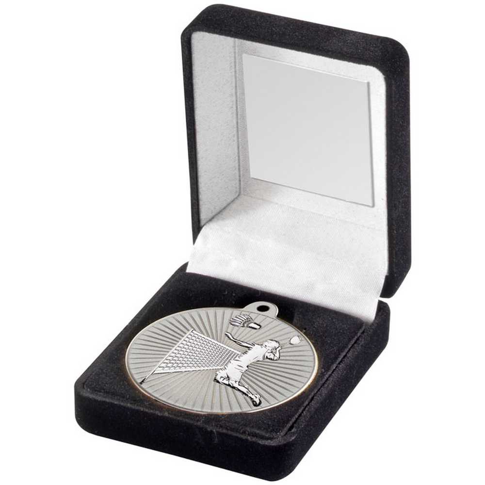 BLACK VELVET BOX AND 50mm BADMINTON MEDAL TROPHY MATT SILVER/SILVER - 3.5in - Optimum Teamwear