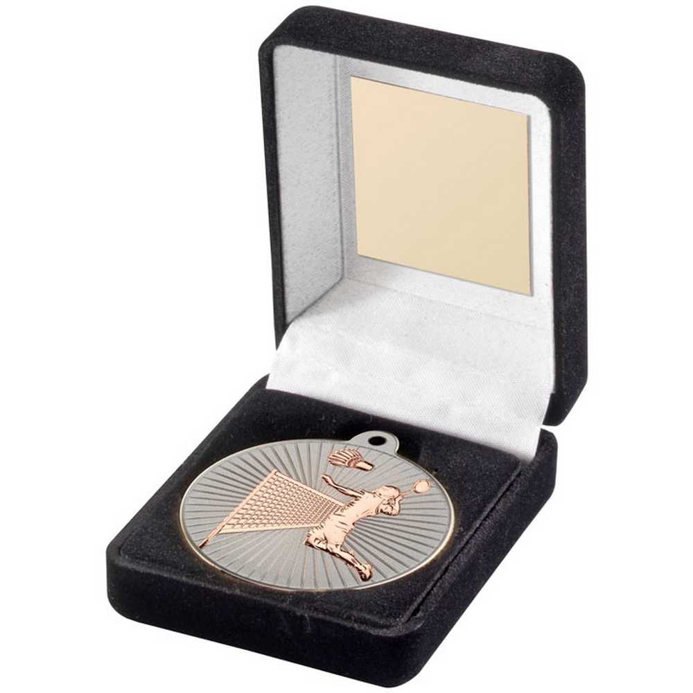BLACK VELVET BOX AND 50mm BADMINTON MEDAL TROPHY MATT SILVER/BRONZE - 3.5in - Optimum Teamwear