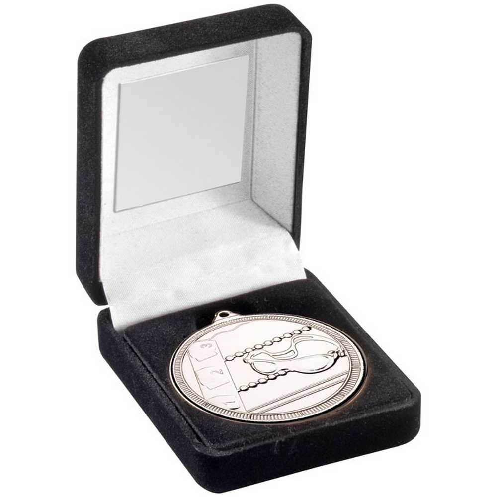 BLACK VELVET BOX AND 50mm SWIMMING MEDAL TROPHY SILVER - 3.5in - Optimum Teamwear