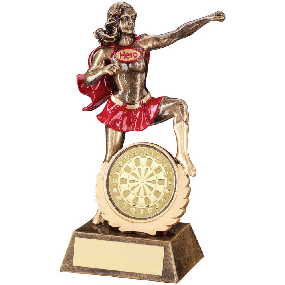 BRZ/GOLD/RED RESIN FEMALE 'HERO' AWARD WITH DARTS INSERT - 7.5in - Optimum Teamwear