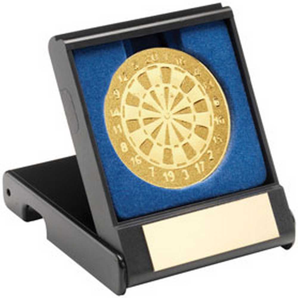 BLACK PLASTIC BOX WITH DARTS INSERT TROPHY GOLD - 3.5in - Optimum Teamwear
