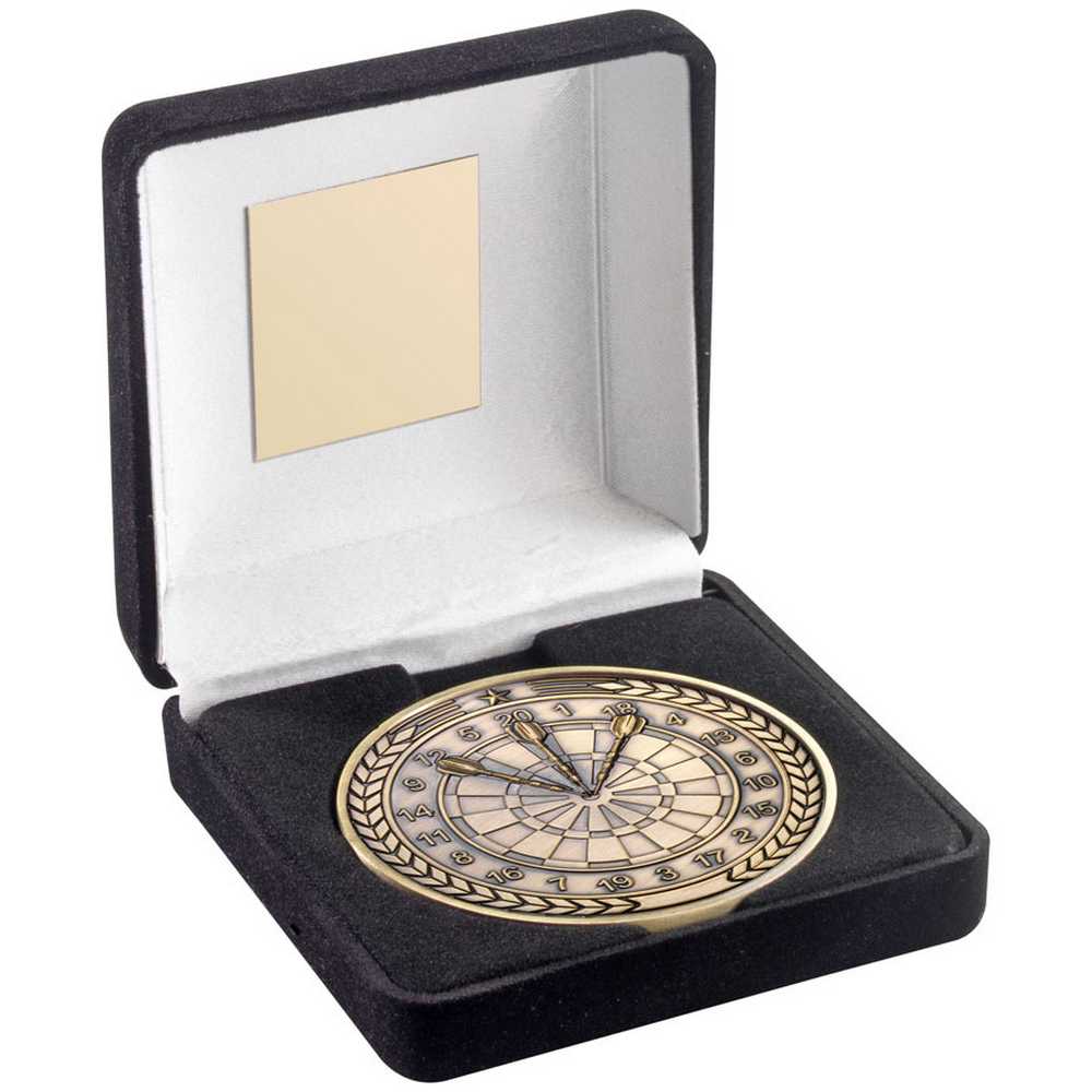 BLACK VELVET BOX AND 70mm MEDALLION DARTS TROPHY ANTIQUE GOLD - 4in - Optimum Teamwear