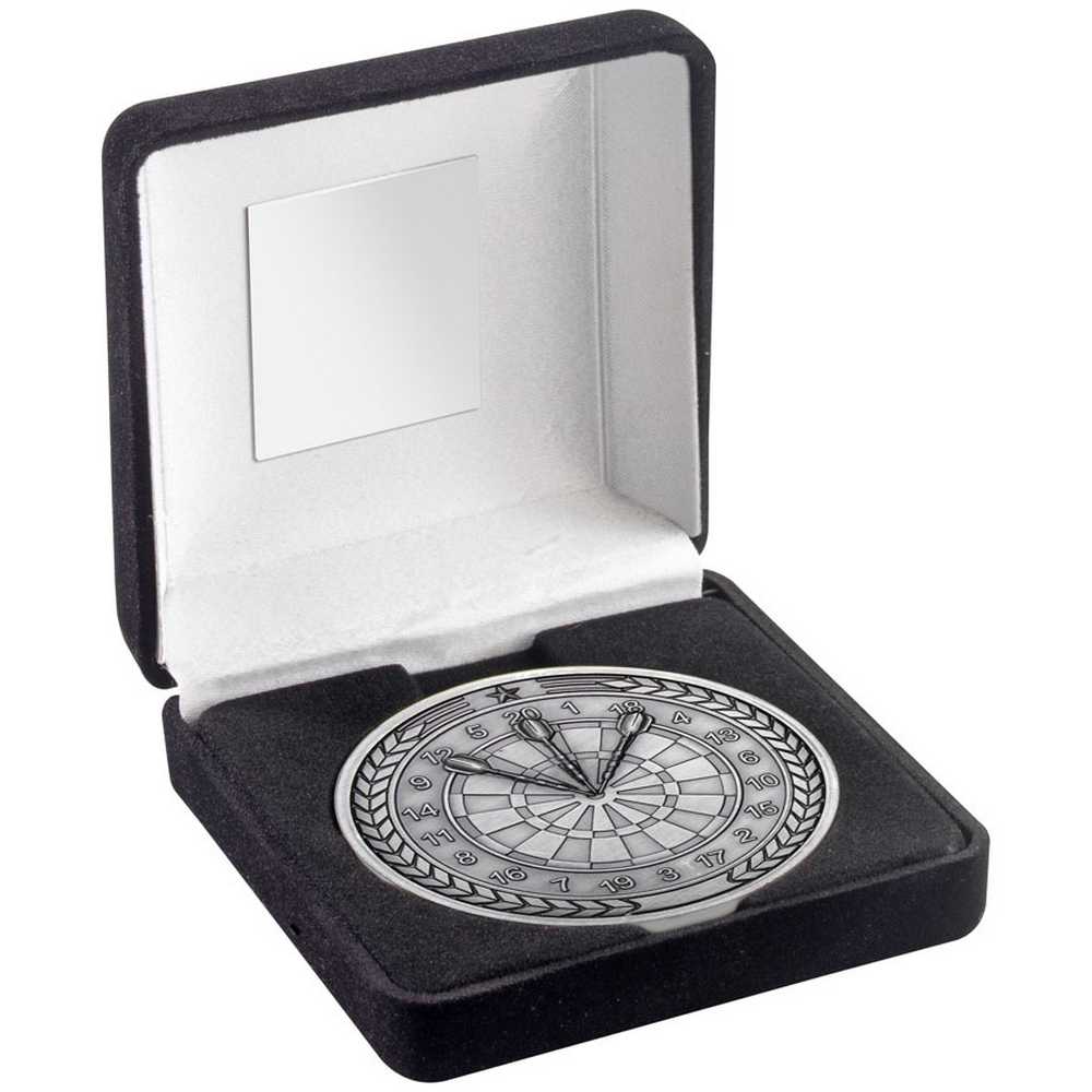BLACK VELVET BOX AND 70mm MEDALLION DARTS TROPHY ANTIQUE SILVER - 4in - Optimum Teamwear