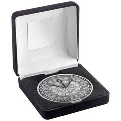 BLACK VELVET BOX AND 70mm MEDALLION DARTS TROPHY ANTIQUE SILVER - 4in - Optimum Teamwear