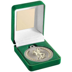 GREEN VELVET BOX AND 50mm RUNNING MEDAL TROPHY MATT SILVER/GOLD - 3.5in