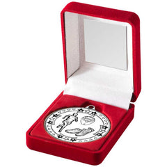 RED VELVET BOX AND 50mm MEDAL RUNNING TROPHY SILVER - 3.5in