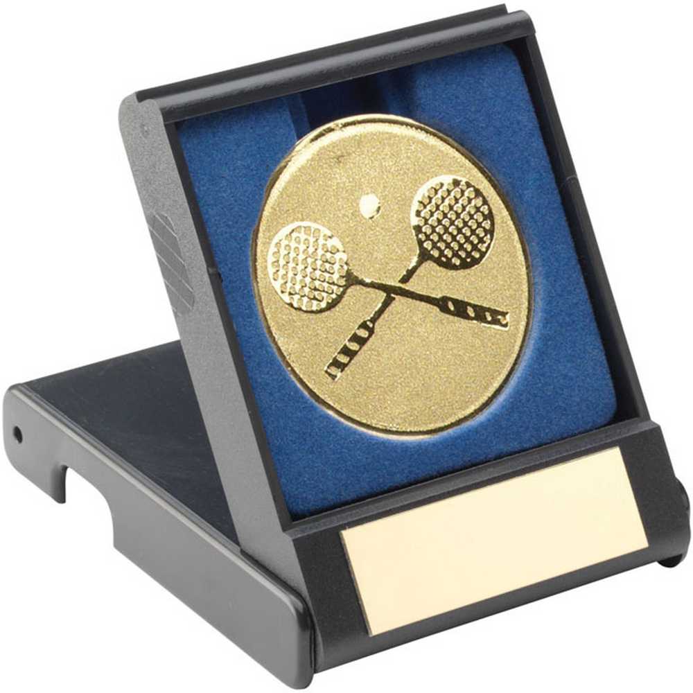 BLACK PLASTIC BOX WITH SQUASH INSERT TROPHY GOLD - 3.5in - Optimum Teamwear