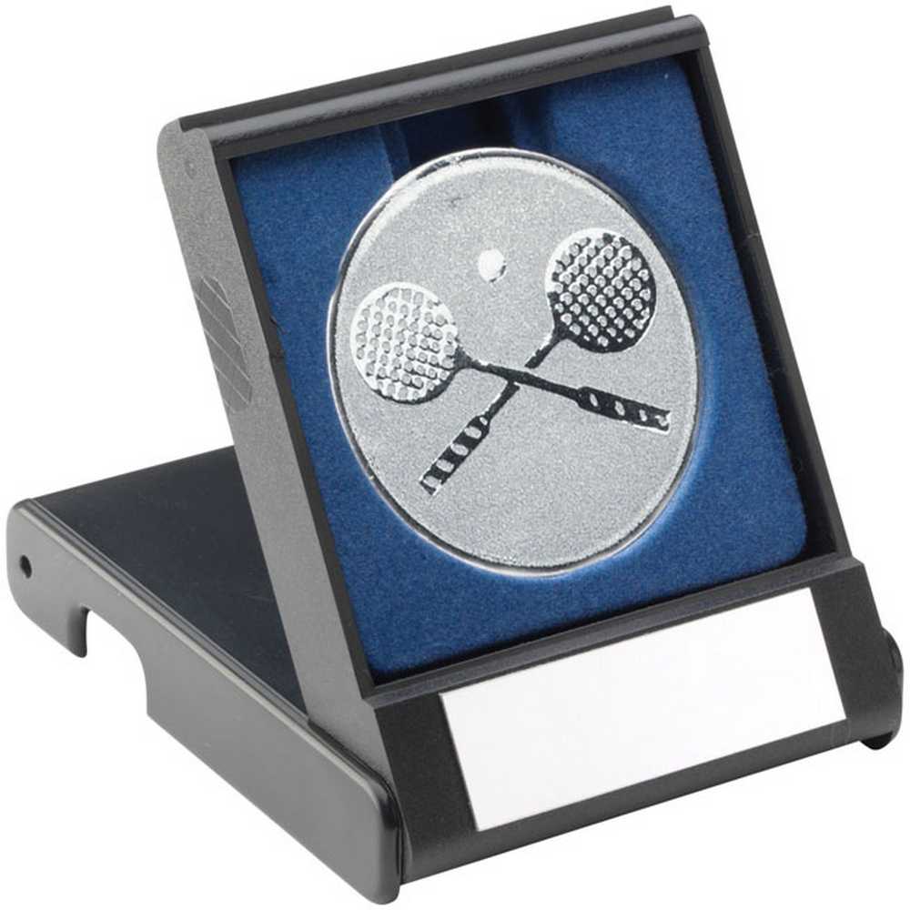 BLACK PLASTIC BOX WITH SQUASH INSERT TROPHY SILVER - 3.5in - Optimum Teamwear