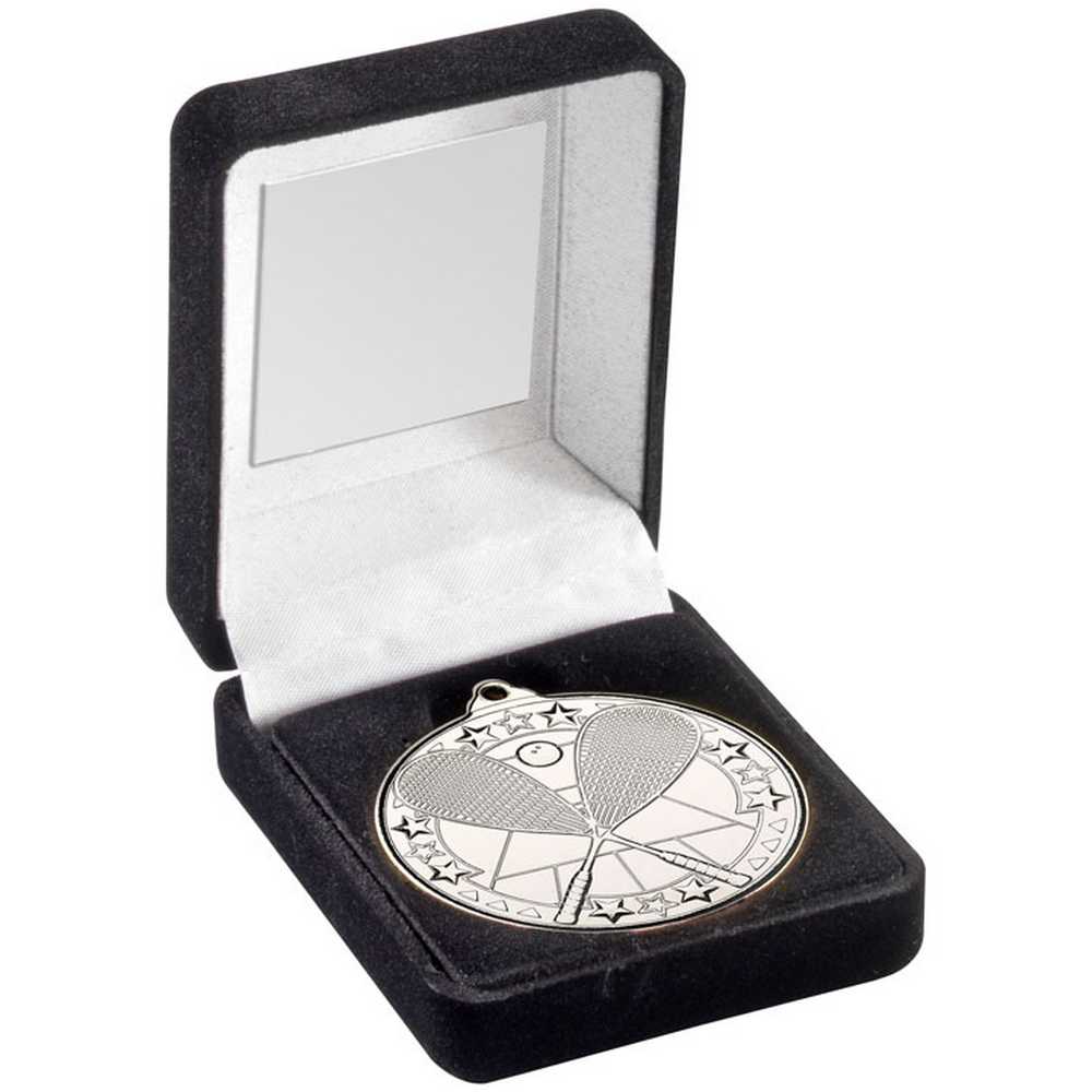 BLACK VELVET BOX AND 50mm MEDAL SQUASH TROPHY SILVER - 3.5in - Optimum Teamwear