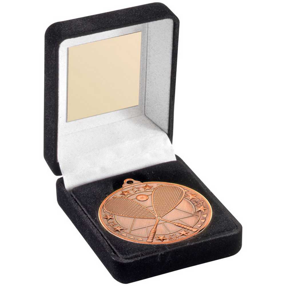 BLACK VELVET BOX AND 50mm MEDAL SQUASH TROPHY BRONZE - 3.5in - Optimum Teamwear