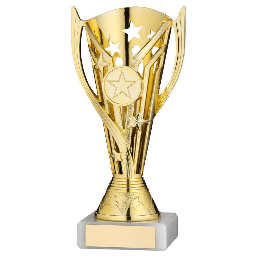 GOLD PLASTIC 'FLASH' CUP ASSEMBLED ON MARBLE (1in CEN) - 7in - Optimum Teamwear