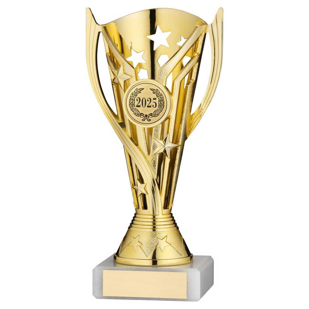 GOLD PLASTIC 'FLASH' CUP ASSEMBLED ON MARBLE (1in CEN) - 7in - Optimum Teamwear