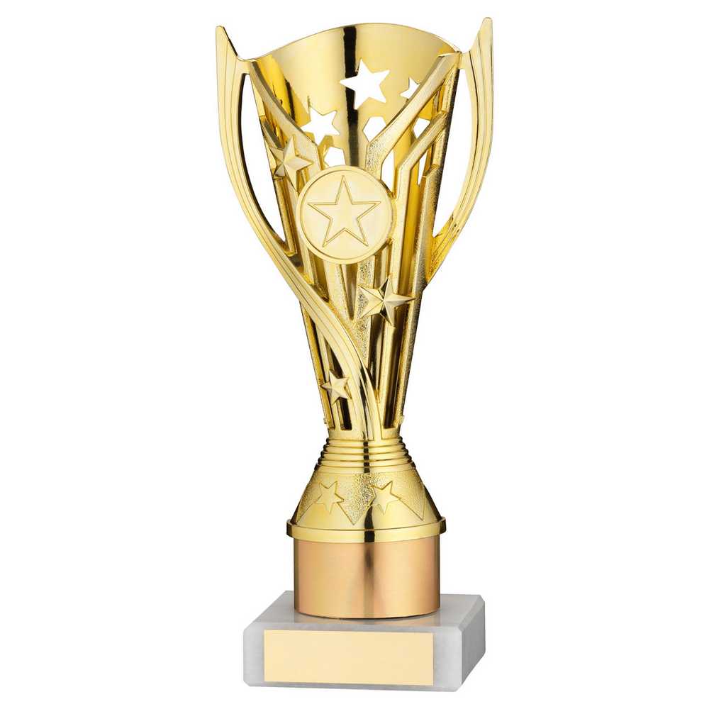 GOLD PLASTIC 'FLASH' CUP ASSEMBLED ON MARBLE (1in CEN) - 8in - Optimum Teamwear