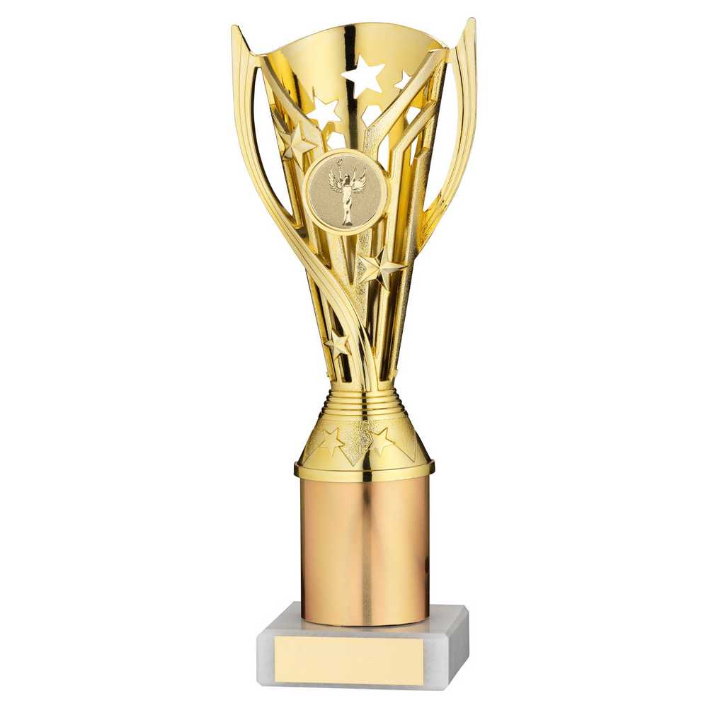 GOLD PLASTIC 'FLASH' CUP ASSEMBLED ON MARBLE (1in CEN) - 9in - Optimum Teamwear