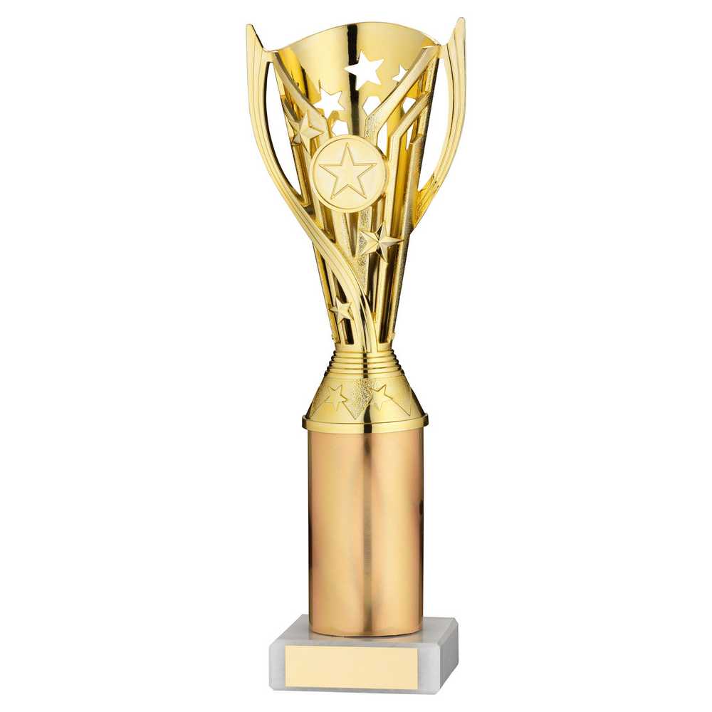 GOLD PLASTIC 'FLASH' CUP ASSEMBLED ON MARBLE (1in CEN) - 10in - Optimum Teamwear