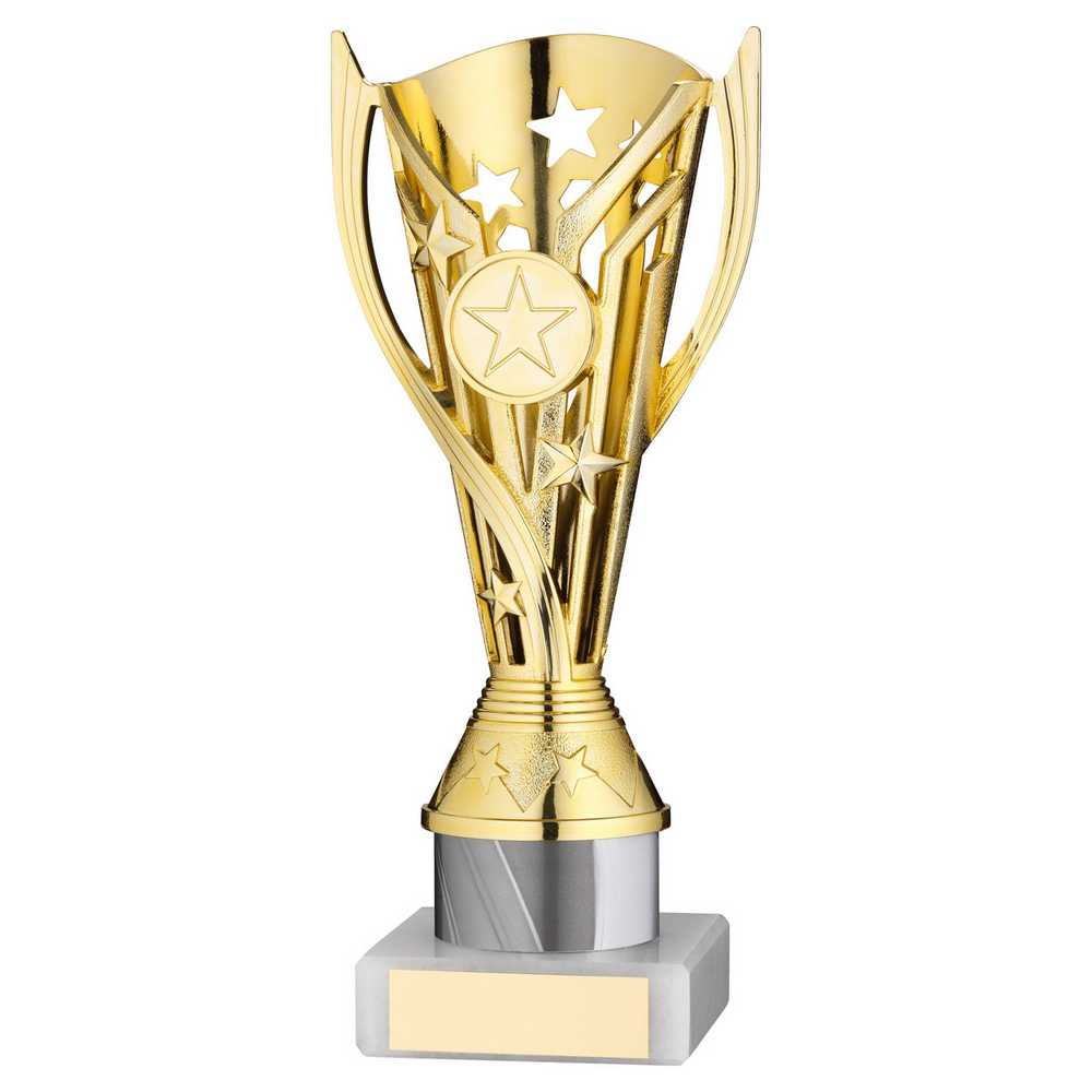 GOLD/WHITE PLASTIC 'FLASH' CUP ASSEMBLED ON MARBLE (1in CEN) - 8in - Optimum Teamwear