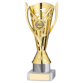 GOLD/WHITE PLASTIC 'FLASH' CUP ASSEMBLED ON MARBLE (1in CEN) - 8in - Optimum Teamwear