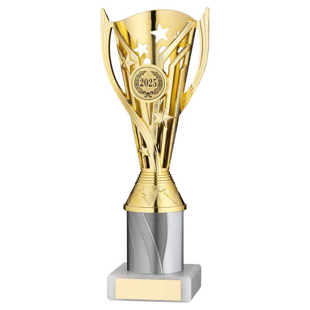 GOLD/WHITE PLASTIC 'FLASH' CUP ASSEMBLED ON MARBLE (1in CEN) - 9in - Optimum Teamwear