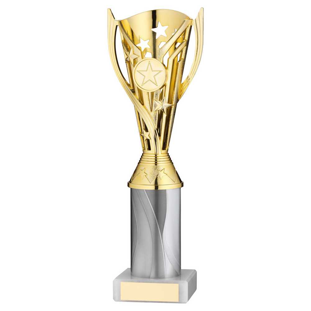 GOLD/WHITE PLASTIC 'FLASH' CUP ASSEMBLED ON MARBLE (1in CEN) - 10in - Optimum Teamwear