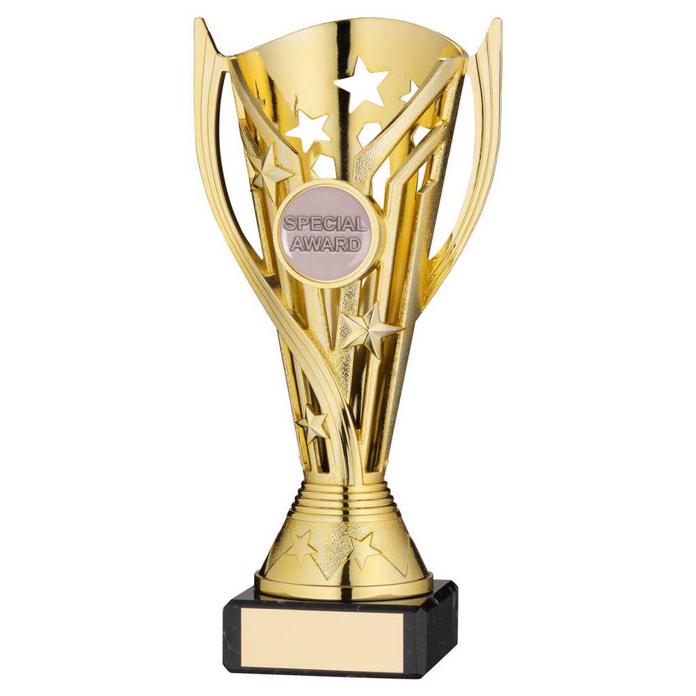 GOLD PLASTIC 'FLASH' CUP ON BLACK MARBLE ASSEMBLED TROPHY (1" CEN) - 6.75in - Optimum Teamwear