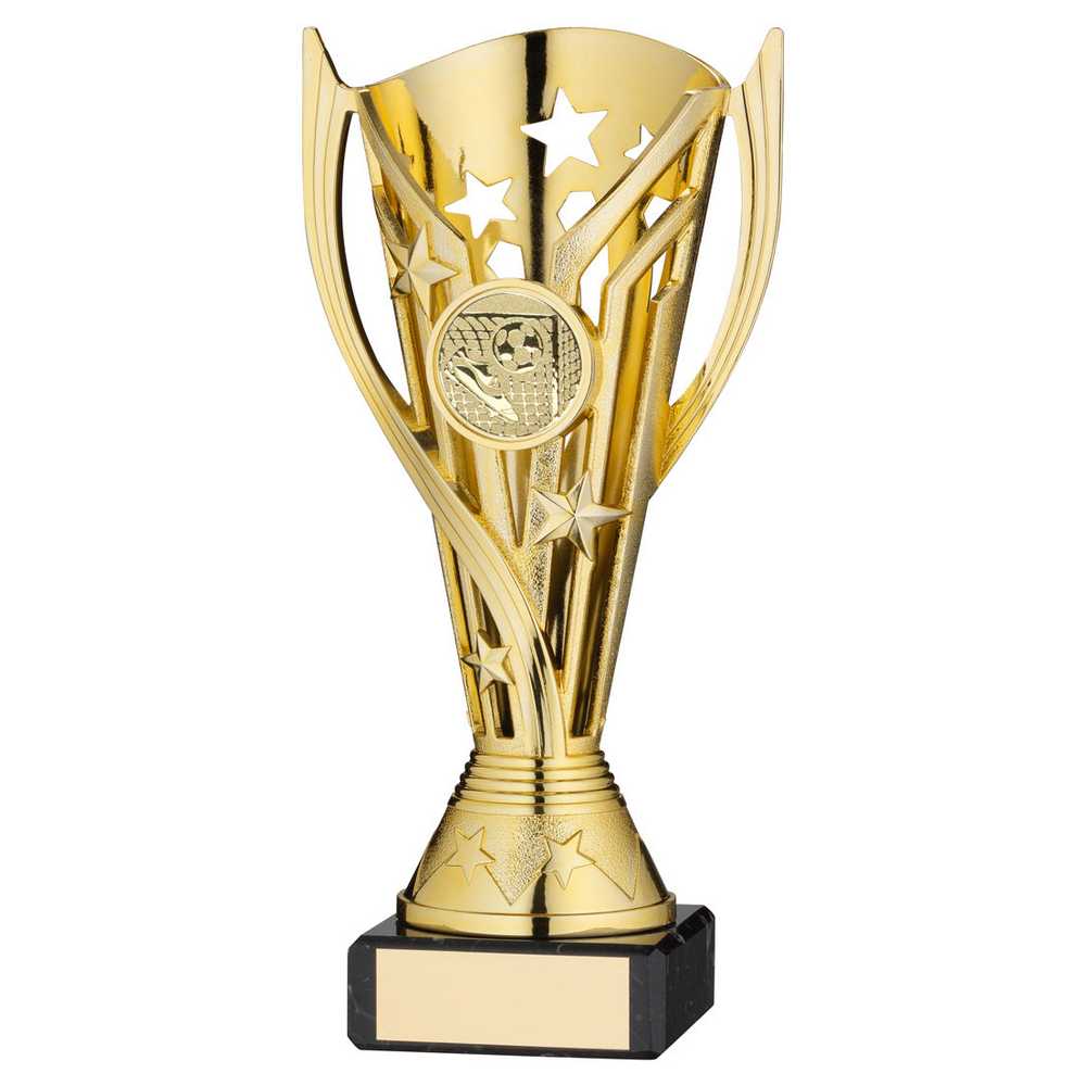 GOLD PLASTIC 'FLASH' CUP ON BLACK MARBLE ASSEMBLED TROPHY (1" CEN) - 6.75in - Optimum Teamwear