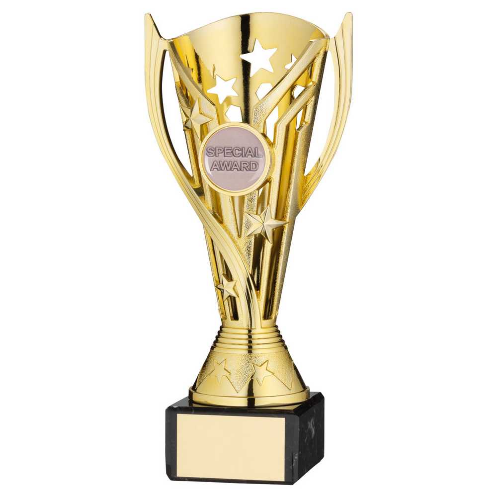 GOLD PLASTIC 'FLASH' CUP ON BLACK MARBLE ASSEMBLED TROPHY (1" CEN) - 7.25in - Optimum Teamwear