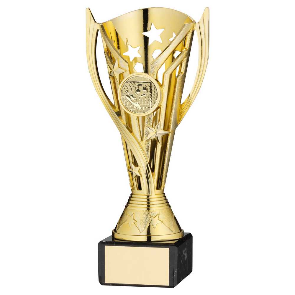 GOLD PLASTIC 'FLASH' CUP ON BLACK MARBLE ASSEMBLED TROPHY (1" CEN) - 7.25in - Optimum Teamwear