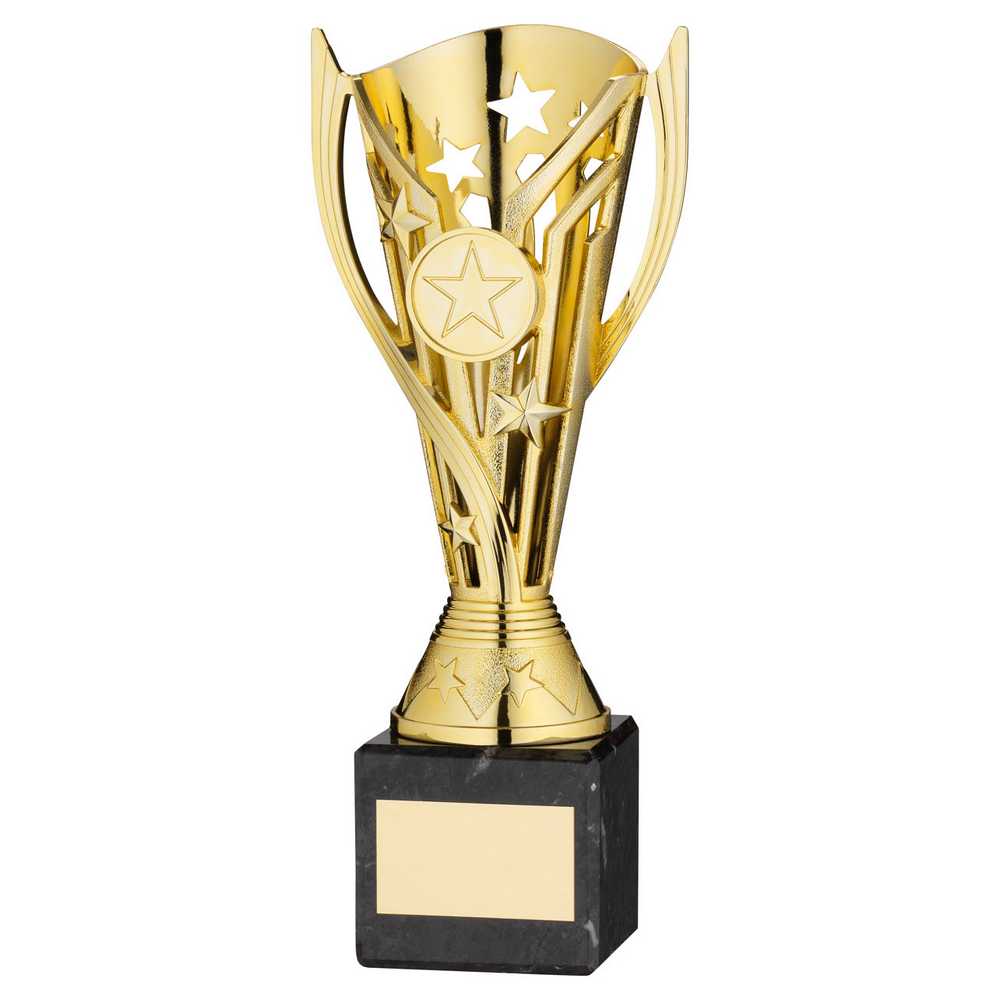 GOLD PLASTIC 'FLASH' CUP ON BLACK MARBLE ASSEMBLED TROPHY (1" CEN) - 8in - Optimum Teamwear