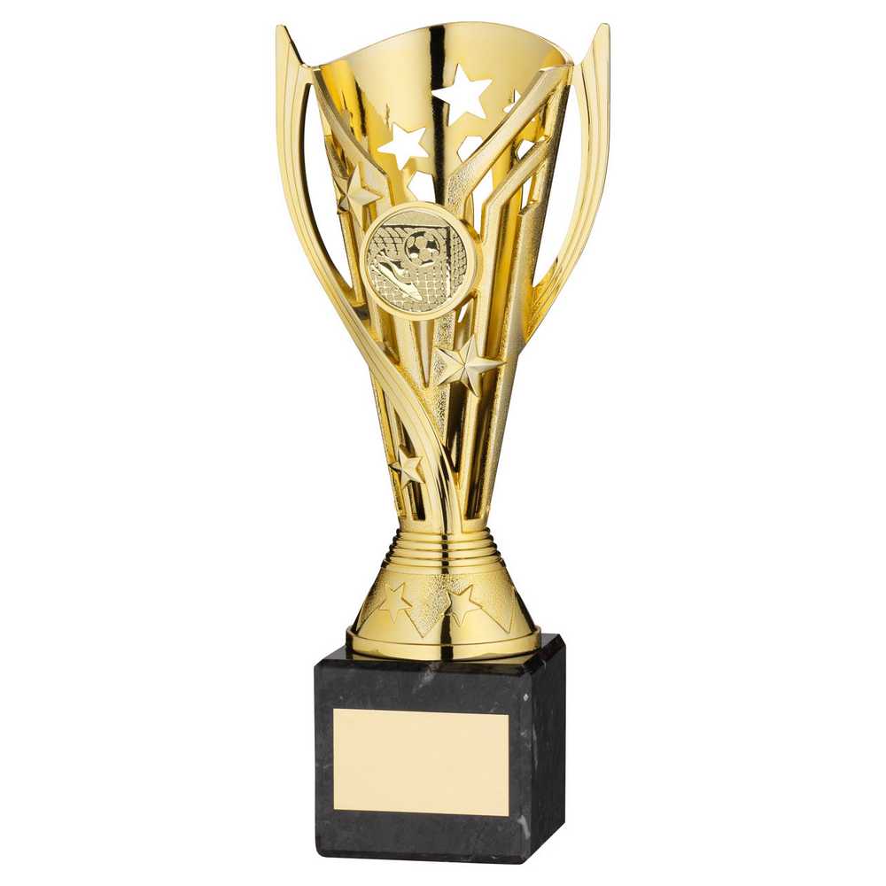 GOLD PLASTIC 'FLASH' CUP ON BLACK MARBLE ASSEMBLED TROPHY (1" CEN) - 8in - Optimum Teamwear