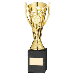 GOLD PLASTIC 'FLASH' CUP ON BLACK MARBLE ASSEMBLED TROPHY (1" CEN) - 9in - Optimum Teamwear