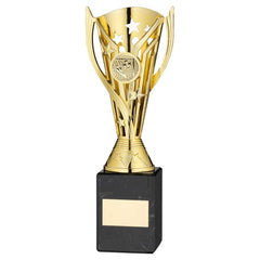 GOLD PLASTIC 'FLASH' CUP ON BLACK MARBLE ASSEMBLED TROPHY (1" CEN) - 9in - Optimum Teamwear