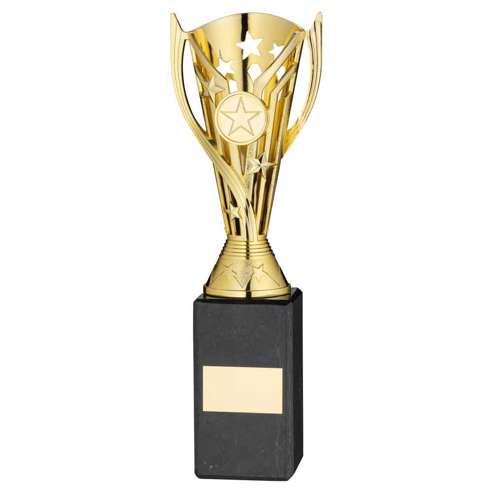 GOLD PLASTIC 'FLASH' CUP ON BLACK MARBLE ASSEMBLED TROPHY (1" CEN) - 10in - Optimum Teamwear