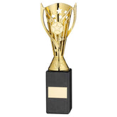 GOLD PLASTIC 'FLASH' CUP ON BLACK MARBLE ASSEMBLED TROPHY (1" CEN) - 10in - Optimum Teamwear