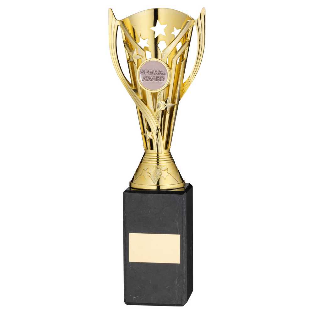 GOLD PLASTIC 'FLASH' CUP ON BLACK MARBLE ASSEMBLED TROPHY (1" CEN) - 10in - Optimum Teamwear