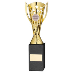 GOLD PLASTIC 'FLASH' CUP ON BLACK MARBLE ASSEMBLED TROPHY (1" CEN) - 10in - Optimum Teamwear